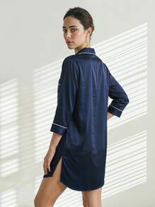 Veyra Day Satin Pajamas For Women, Silk-Like Pajamas Set ,Short Sleeve Sleepwear, Soft Loungewear For Ladies, Button Down Homewear Sets Blue - Navy Blue - View 4