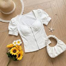 Women's White Form-Fitting Blouse, Puff Sleeve Square Neck Corset Top With Metal Zip & Sculpting Seams Casual & Date Night Outfits - 白色 - 查看 9