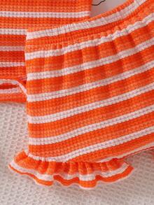 Baby Girls' Summer Sweet Set, Orange & White Striped Waffle Romper + Ruffle Hem Shorts 2pcs, Soft & Cute Loose Comfortable, Suitable For Daily Outings, Vacation, Summer Outdoor Play, Photography, Party - Orange - View 5