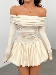 PETITE Vestido corto de manga larga y un solo hombro con volantes en el bajo para primavera y otoño - Blanco - Ver 1