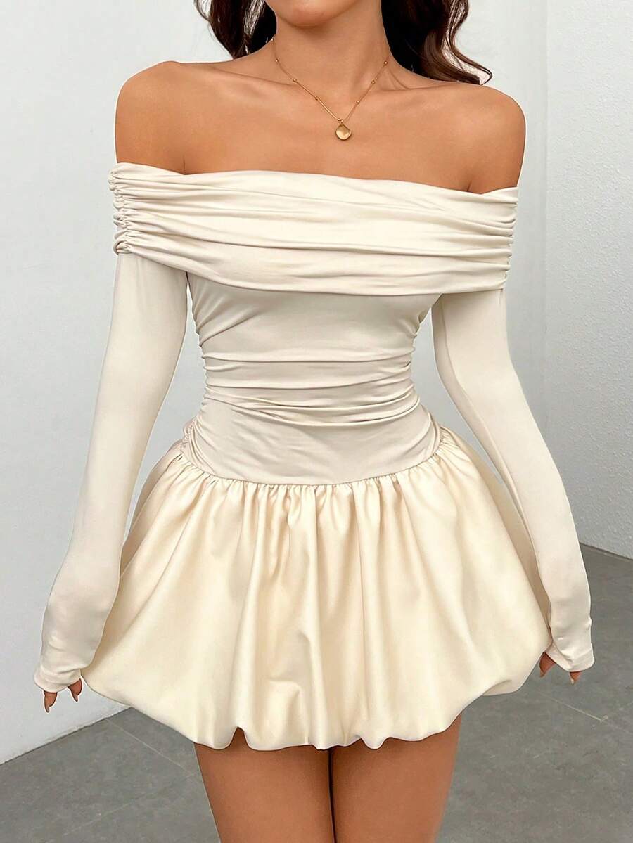 PETITE Vestido corto de manga larga y un solo hombro con volantes en el bajo para primavera y otoño - Blanco - Ver 1