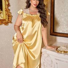 Nana's Women's Clothing Store MuseNap CURVE Camisón de talla grande de unicolor romántico con parches de seda sintética, bordado y volantes en el bajo, vestido de dormir Moo Moo - Rosa vieja - Ver 5