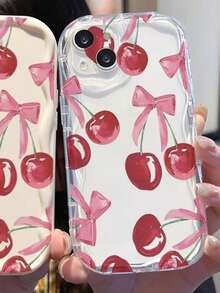 1pc Transparent 3D Wave Texture Phone Case With Red Cherry And Bow Pattern, Compatible With 17Promax/16Promax/15Promax/17Pro/16/15/14/13/12/11 - Clear - View 3