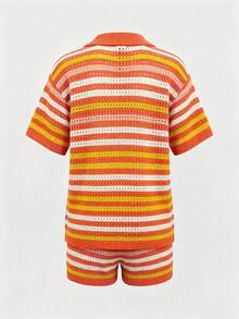 2 pièces/Set Veste en tricot rayée décontractée et shorts pour vacances pour femmes, tenue de plage au crochet, ensemble assorti de Top en tricot rayé orange et shorts de style bohème printemps/été - Orange - Voir 7
