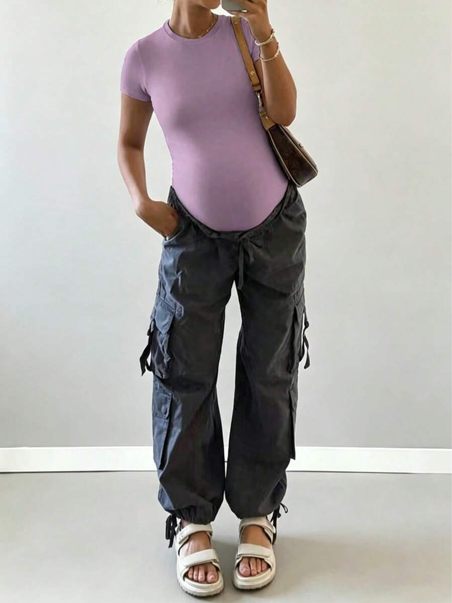 Maternity Bodysuit T-Shirt, Solid Color Round Neck, Minimalist Versatile Slim Fit Summer - Lilac Purple - View 1