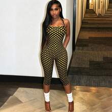 Y2K Polka Dot Print Halter Backless Capri Jumpsuit, Bodycon Sleeveless Unitard For Nightclub & Streetwear - 黃色 - 查看 3