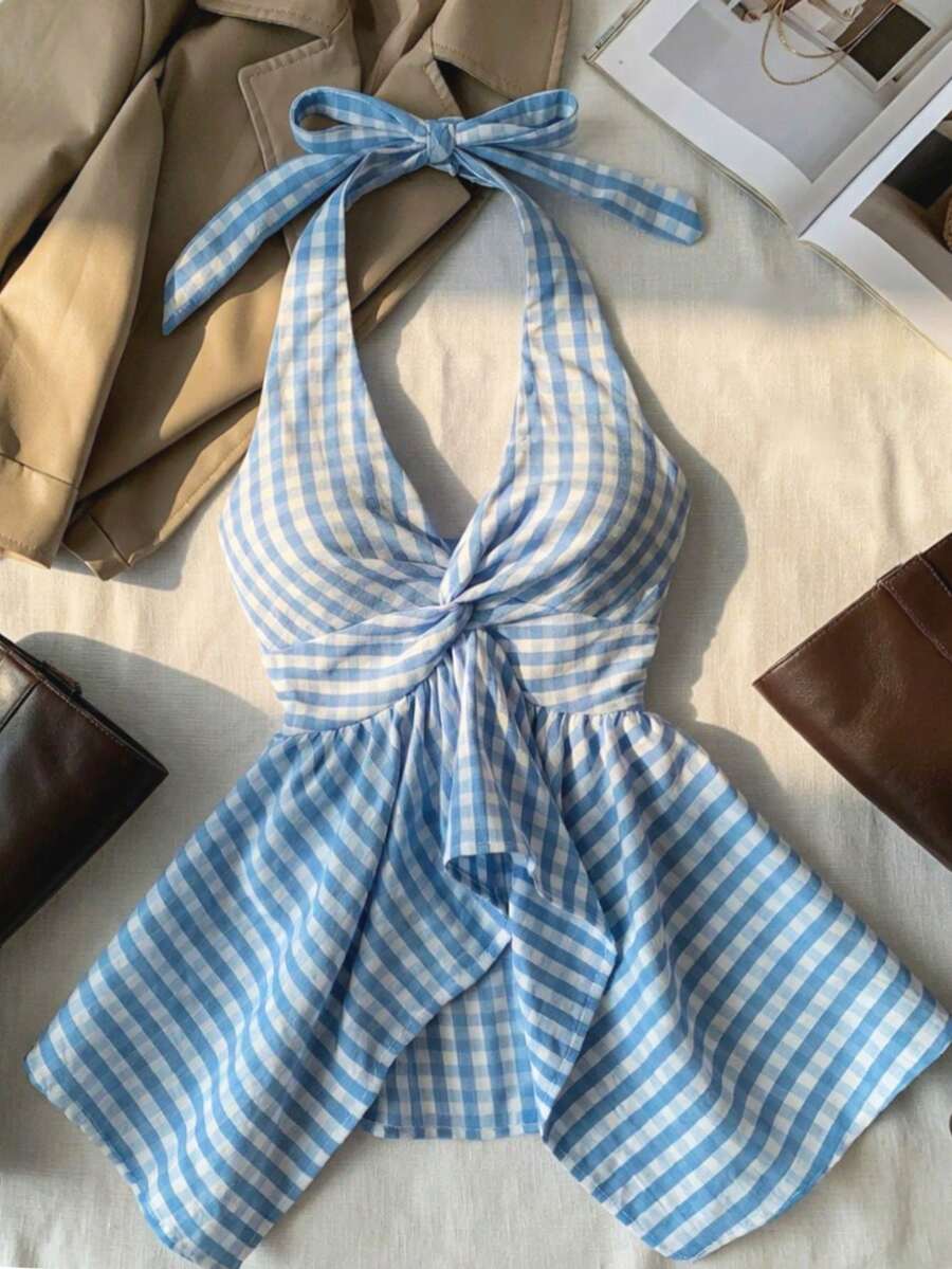 女士夏季吊带背心,度假无袖上衣,适合毕业典礼、婚礼、返校等场合,复古格纹印花派对午餐,可爱休闲夏季甜美浪漫乡村风,宽松舒适下摆吊带背心 - 藍色 - 查看 1