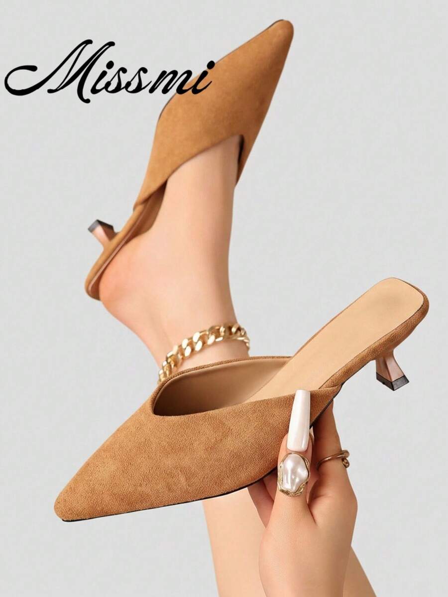 2026 Spring/Autumn New French Pointed Toe High Heel Pumps, Elegant Suede Work Shoes With Thin Heels,Kitten Heels - Brown - View 1