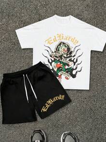 Men's 2PC Tattoo-Style "Skull Rose" Graphic Tee And Shorts. Soft, Breathable Cotton. Streetwear For Summer, Vacation, And Daily Wear. - trắng - Xem 2