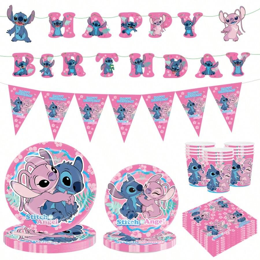 50pcs Stitch Theme Party Set, Back To School Season Decoration, Room Decor Suitable For 10 People, Disposable Birthday Party Tableware Including Plates, Cups And Napkins. Holiday Decoration Supplies, Suitable For Camping, Picnic, Backyard BBQ And Party Decoration, Also Ideal Decoration For Halloween, Christmas And Party, And Great Surprise Gift For Fans. - Multicolor - View 1