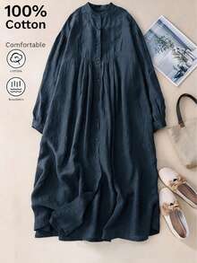 Bata larga de lino verde de 3/4 de manga para mujer, estilo retro artístico suelto y casual, para primavera/otoño - Agua verde azul - Ver 3