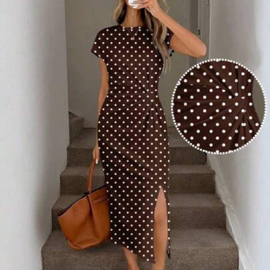 guang zhou mi qian shang mao Vestido midi casual de mujer con estampado de lunares, cintura retorcida y abertura alta sin mangas; Vestido ajustado texturizado casual de mujer; Conjunto de fitness de mujer; Vestido de invitada de boda de mujer; Atuendo de oficina de mujer - Multicolor - Ver 1