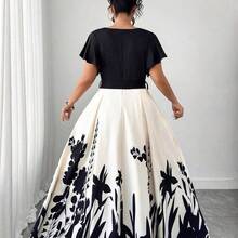 guang zhou mi qian shang mao  Vestido casual suelto de manga corta con cuello en V, volantes en el bajo, cintura con lazo, tela de parche estampada tejida, elegante y versátil para uso diario, trabajo, vacaciones, primavera/verano, tallas grandes para mujeres - Marrón - Ver 3