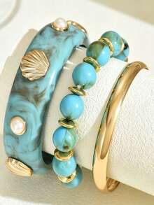 3 piezas Pulsera de resina con degradado de concha azul, pulsera de cuentas hecha a mano, pulsera de metal dorado, joyería de moda para mujer en capas, adecuada para verano, playa, vacaciones, regalo para mamá, novia, mejor amiga - Multicolor - Ver 3