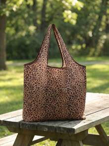 Bolsa de compras reutilizable con estampado de leopardo en tono beige claro, bolsa de gran capacidad plegable - Caqui - Ver 12