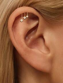 EleRunis 1PC 925 Sterling Silver Tiny Tassel Eometry Vertical Piercing Earring Cartilage Helix Piercing Jewelry For Women Daily Wear Wedding Party Engagement - Gold - View 3