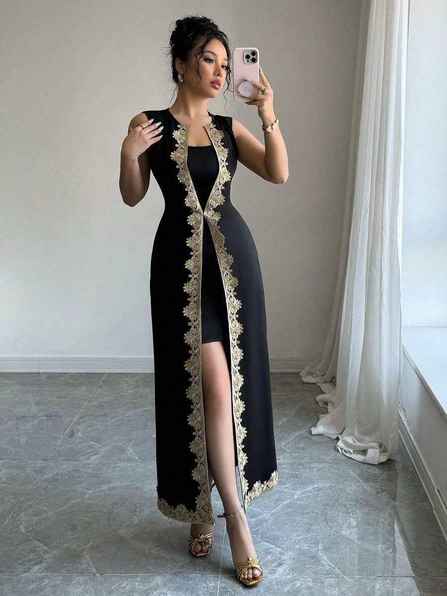 xheRafferiza Vestido largo negro elegante con cinturón en la cintura, ajustado, sin mangas, con adorno de encaje, adecuado para primavera y veranoxhe - Negro - Ver 1