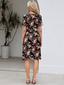 Womens Summer Dresses For Women 2026 Spring Floral Sundress Short Sleeve V Neck Wrap Dress With Pockets Festival Outfits Elegant Dress For Women Dress For Women - 01 黑色花卉 - 查看 2