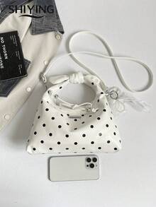 Fashion Polka Dot Handbag, Women's Multifunctional Shoulder Crossbody Bag, Vintage Bowknot Decor Drawstring Crescent Bag - White - View 12
