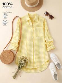 女款春秋四季通用休閒日常格紋長袖開襟襯衫，100%純棉長袖復古格紋休閒通勤度假假日學院風百搭襯衫，返校出遊波希米亞休閒百搭格紋襯衫外套 - 淡黃色 - 查看 3