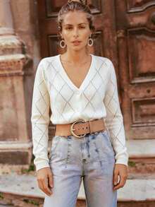 Solid Color Knit Fabric Hollow Ribbed Front Button V-Neck Long Sleeve Cardigan Top, Loose Casual Elegant Outerwear For Spring And Autumn - White - View 3