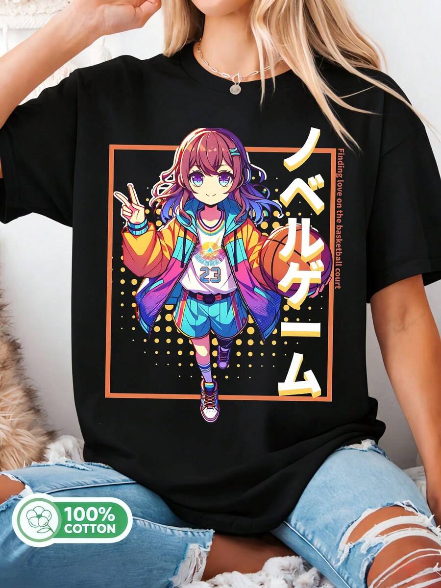 Anime Girl Finding Love On The Basketball Court Graphic Cotton T-Shirt, Unisex Summer Sports T-Shirt - Black - View 1
