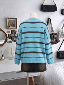 Women Contrast Striped Crew Neck Sweater, Drop Shoulder Long Sleeve Loose Oversized Knit Pullover, Casual Fall Daily Top - Multicolor - View 6