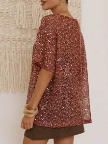 Women Sequin Sheer Short Sleeve Glitter T Shirt Sparkle See Through Crochet Cover Up Swimsuit Beach Shiny Mesh Blouse Top - 酒紅色 - 查看 2