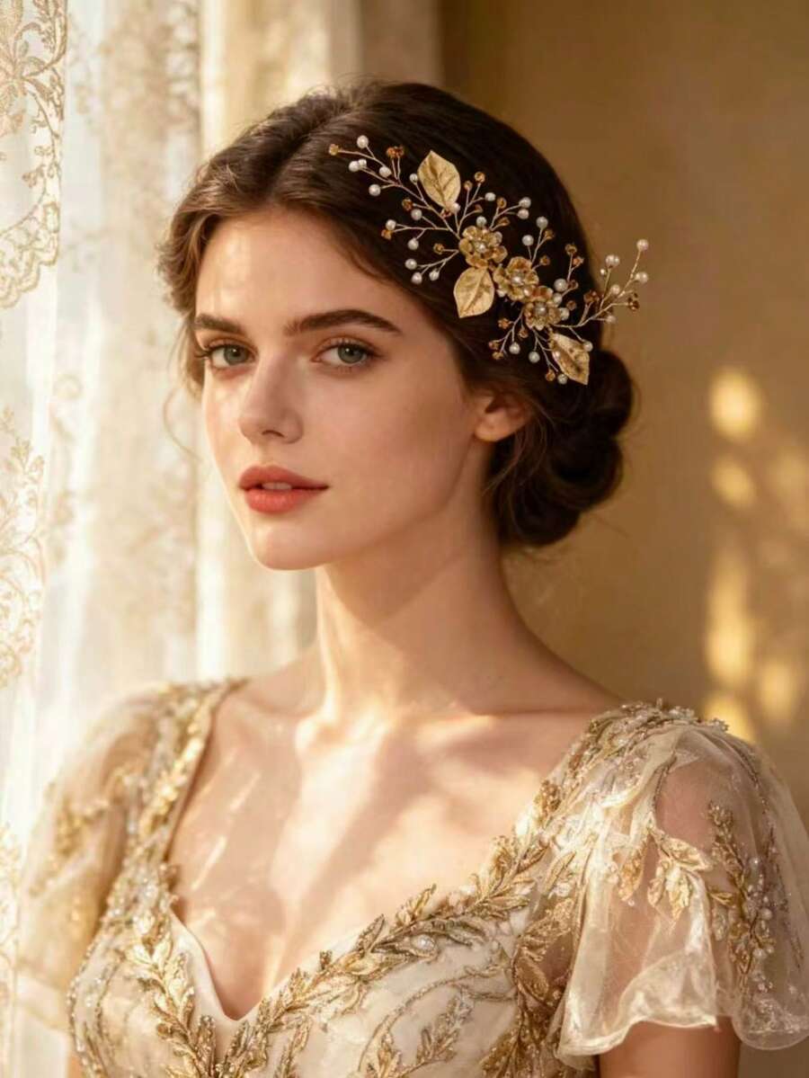 1件金色合金花朵仿珍珠優雅女用裝飾髮梳,新娘婚禮髮飾 - 金色 - 查看 1