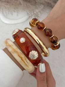 1 pieza Brazalete rígido de resina con cuentas y encanto de perla falsa con incrustación de concha pulida, diseño geométrico audaz y curva exagerada, lujoso & elegante, adecuado para boda, banquete, vacaciones, fiesta, uso diario casual, estilo callejero, mujeres, parejas, vacaciones, cumpleaños, regalo de brazalete de metal versátil - pulsera - Ver 4