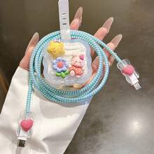 5件組可愛兔子星星彩虹充電器保護套組，適用於英國20W，數據線保護套，線纜管套筒 - 藍色花朵兔子 - 查看 3
