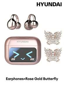 HYUNDAI 现代 M100 时尚蓝牙耳机，带蝴蝶耳机配件，夹式耳机，多功能彩色屏幕，智能触控，电池寿命长，HIFI 高品质声音，高清通话，降噪，音乐，游戏，无穿孔耳环，时尚配饰，耳机，送给女士的礼物 - 多色+玫瑰金蝴蝶耳飾 - 查看 5