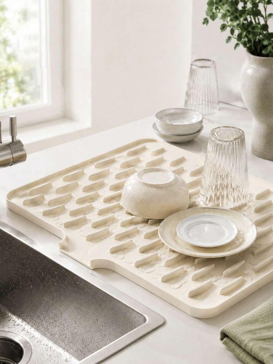 1個廚房碗盤瀝水墊，30*40cm 素色3D紋理排水墊，適用於杯子、玻璃器皿和餐具檯面吸水乾燥墊，水槽邊收納墊，公寓和新家必備 - 查看 1