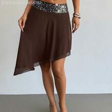 Fengyu Women's Clothing Store Falda asimétrica con volantes y parches de lentejuelas de estilo vintage Y2K romántico para vacaciones, ropa de verano, ropa de playa y vacaciones para mujeres - Marrón - Ver 4