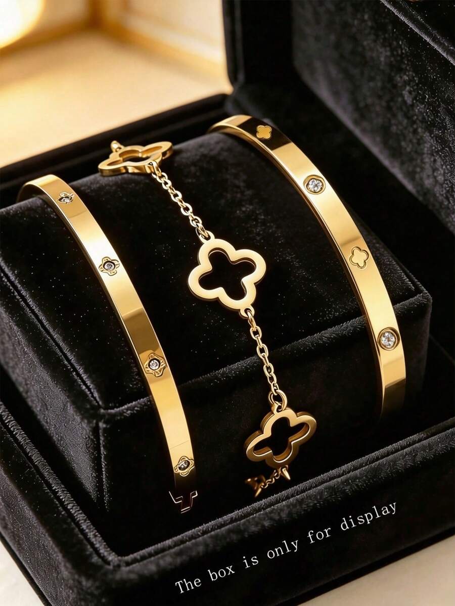 3件套經典優雅風三葉草女士珠寶套裝,適合日常配戴,高品質禮品珠寶 - 金黃色 - 查看 1