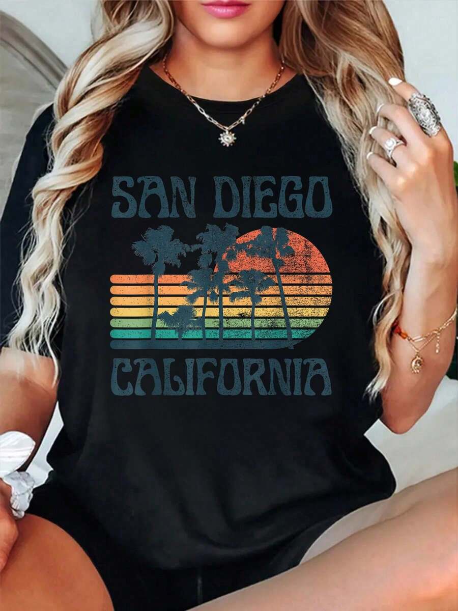 100% Cotton San Diego California Palm Trees Beach Vintage Retro T-Shirt - 黑色1 - 查看 1
