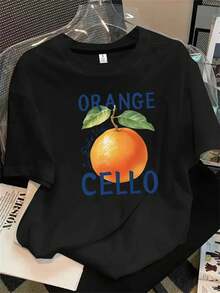 Top de mujer de cuello redondo y manga corta con estampado de hojas y color naranja sobre un tronco de árbol, apto para todas las estaciones. - Negro - Ver 1