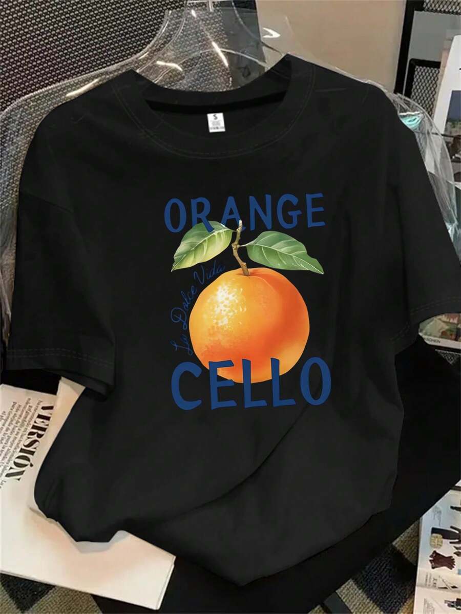 Top de mujer de cuello redondo y manga corta con estampado de hojas y color naranja sobre un tronco de árbol, apto para todas las estaciones. - Negro - Ver 1