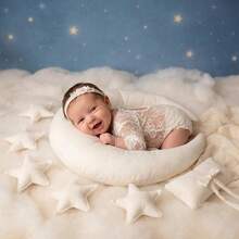 Conjunto de 8 piezas de atuendo y accesorios de fotografía para recién nacidos, para aniversario de luna llena, conmemoración de 100 días, sesión de fotos de bebé (almohada de estrella + diadema con lazo + almohada), accesorios de tela para fotos de recién nacido/luna llena/100 días/decoración de fiesta de bebé - Multicolor - Ver 3