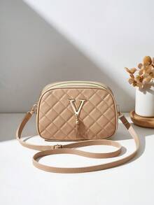 1pc Fashionable Casual Rhombus Shoulder Bag, 3 Zipper Design, Exquisite V-Shape Metal Hardware, Large Capacity, Suitable For Daily Shopping And Travel - Khaki - View 4