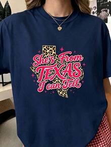 She's From Texas I Can Tell Retro Vintage Texas Girl T-Shirt,Women Summer Casual Graphic T-Shirt - 寶藍色 - 查看 10