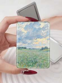 1PC Oil Painting Healing Style Landscape Series Portable Folding Lightweight Ultra-Thin Convenient Durable PU Leather Suitable For Multiple Scenes All People Folding Rectangular Small Mirror Portable Fresh Ins Style Unique Pastoral Sky Kitten Print Pattern Design Exquisite Delicate Folding Structure Durable Reliable - Multicolor - View 17