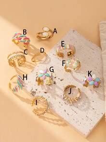 1pc Dopamine Macaron Glazed Stainless Steel Open Ring, Sweet Heart & Flower Design, Stackable Metal Ring, Girly Style Accessory, Adjustable Size - Yellow Gold - View 10