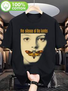 Camiseta "El silencio de los corderos" - Camiseta negra de manga corta para entusiastas del terror, con un diseño icónico de un póster de película, ideal para fans adultos, adecuada para usar durante todo el año, ropa para amantes del terror. - Negro - Ver 1