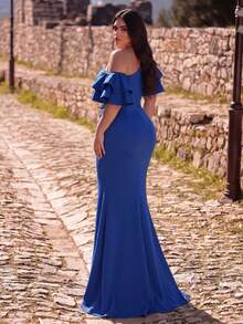Women's Plus Size One-Shoulder Layered Ruffle Sleeve Mermaid Gown – Elegant Floor-Length Hem – Suitable For Weddings, Grand Banquets, Formal Receptions And High-End Social Gatherings - Royal Blue - View 2