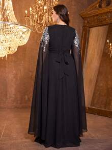 SUPGIR [Random Print] Plus Size Women Long Sleeve Reversible Waist Belt Sequin Patchwork Evening Dress Black Fall - Black - View 3
