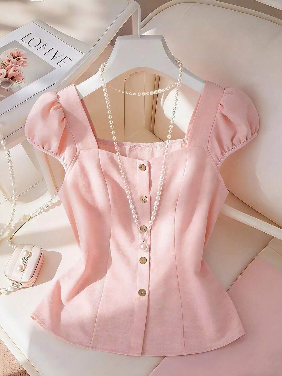 Blusa de manga corta con cuello cuadrado de unicolor, estilo francés elegante para mujer, diseño ajustado, primavera/verano, única - Rosa - Ver 1