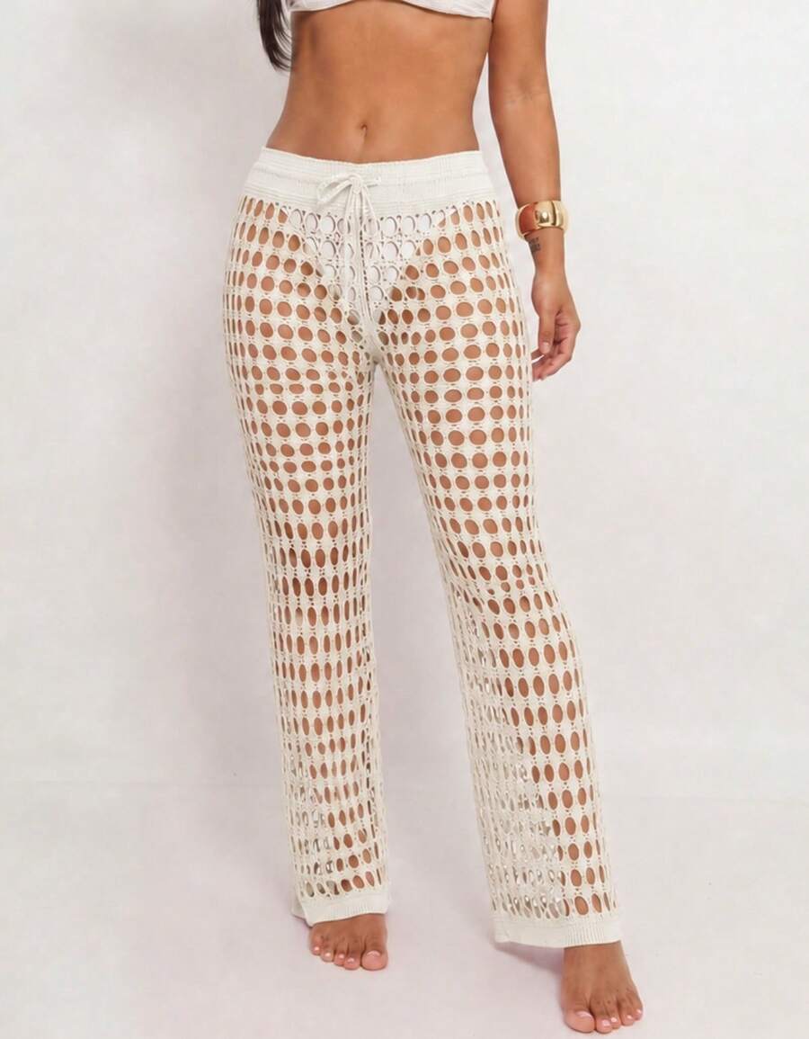 Knitted Beach Cover-Up Pants With Elastic Tie-Up Fishnet - White - View 1