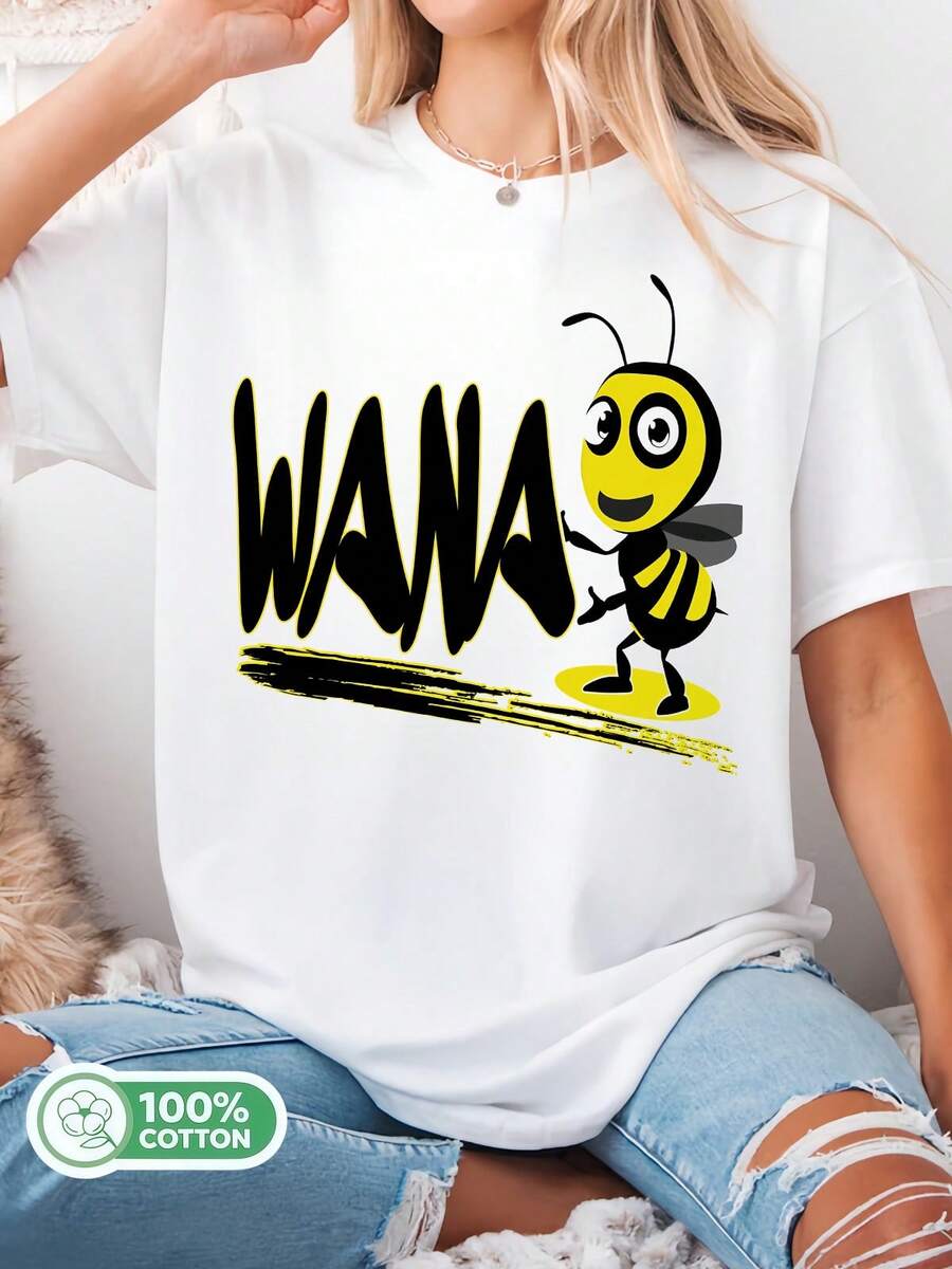 WANA Cute Bee Graphic Cotton T-Shirt, Unisex Summer Casual T-Shirt - White - View 1
