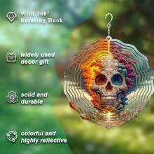 1pc Gorgeous Skull Print Metal 3D Rotating Wind Chime With 360° Rotating Hook, Creates Strong Dynamic Artistic Effect, Perfect For Decorating Yard, Balcony And Lawn, Unique Design Makes It An Ideal Gift For Friends And Family, Teacher Appreciation Gift, Perfect For Thanksgiving, Christmas, Halloween And Housewarming Gift, Halloween Decorations, Elearan (9.84in*9.84in) (Pendant Not Included), Random Style - A - View 4